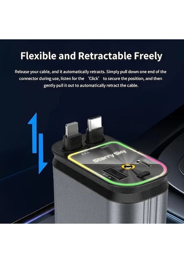 Honeybeeshop Gri 4ü 1 Arada Geri Çekilebilir Araba Telefon Şarjı 66w Hızlı Şarj Led Projektör