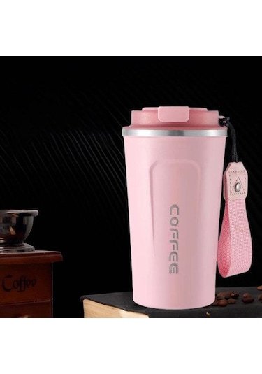 Pembe Mühür Kapaklı Seyahat Kahve Kupa Dökülmeye Dayanıklı Yalıtımlı Çevre Dostu Kolay Tek Elle İçme Paslanmaz