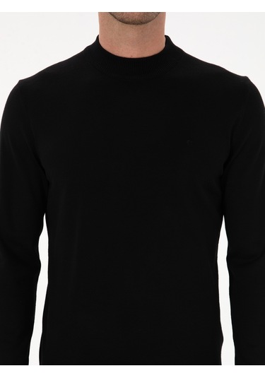 Cacharel Siyah Slim Fit Yün Karışımlı Çeyrek Balıkçı Basic Triko Kazak