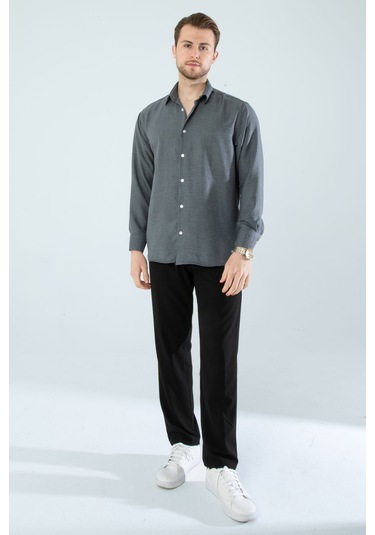 Rahat Kesim Keten Dokulu Gömlek Füme