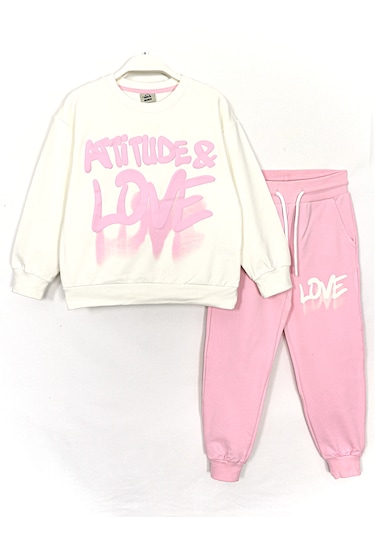 Attitude & Love Kabartma Baskılı Kız Çocuk Eşofman Takımı Ekru Pe Ekru