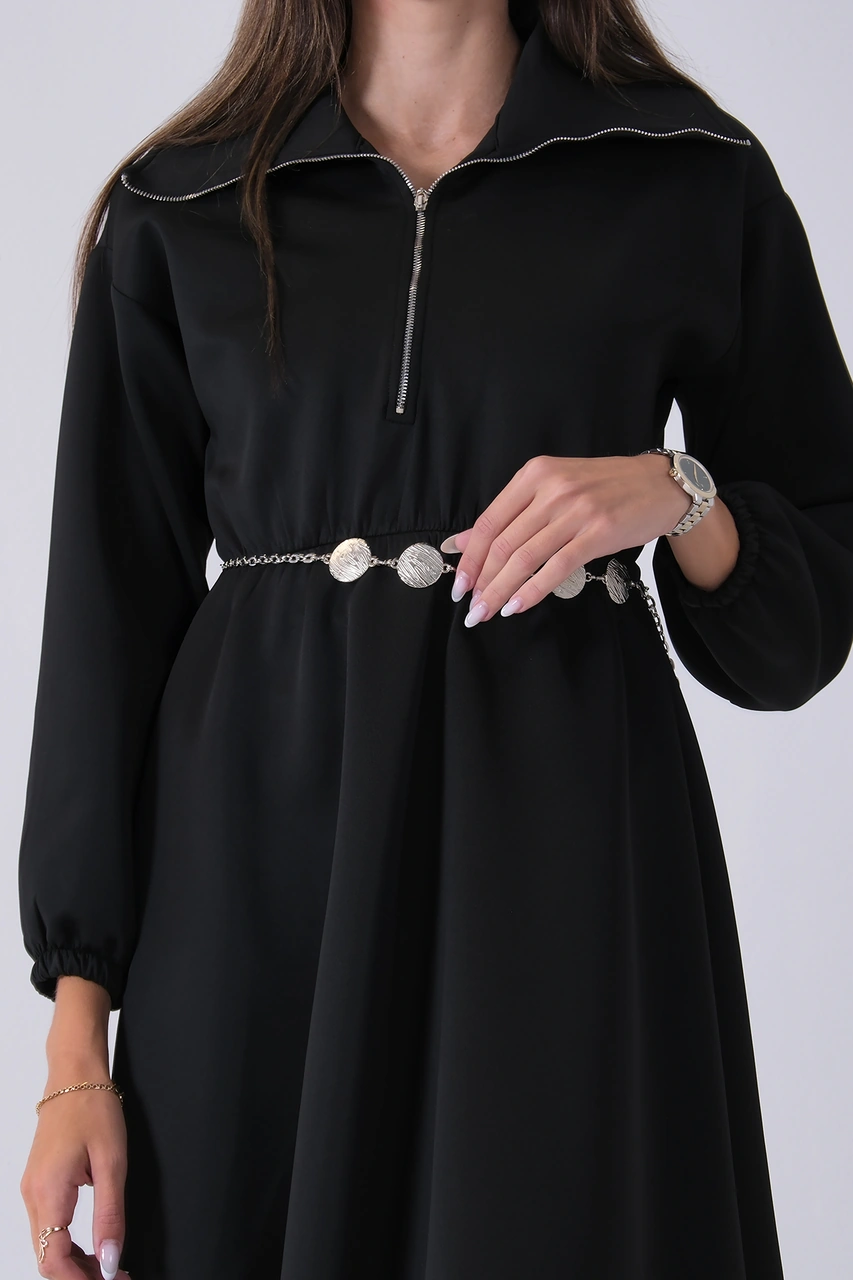 Feminist Siyah Yaka Fermuar Detaylı Bel Ve Bileği Lastikli Kemerli Scuba Elbise 4593455.01 Siyah