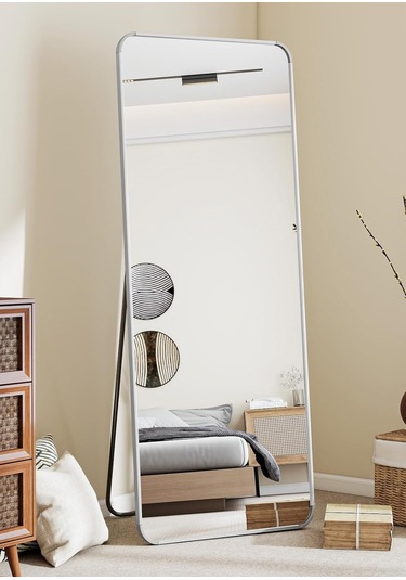 Pera 140x55 Yuvarlak Köşeli Yer Aynası Ayaklı, Asılı, Duvara Yaslı, Yatak Odası, Giyinme Odası GÜMÜŞ