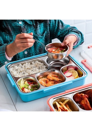 Ulzyvf Yemek Termos Seti Mavi, Çelik Bölmeli, Paslanmaz, 5 Cm, Pratik Kutuda Mavi