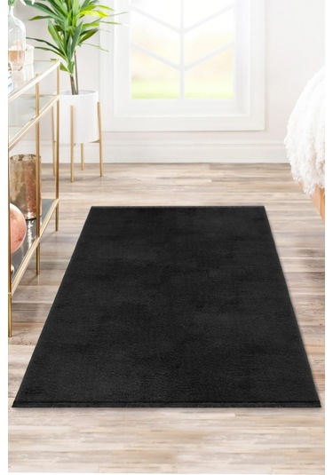 Vl Comfort Puffy Ponpon Saçak Peluş Yıkanabilir Siyah Yolluk Düz Saçak Siyah