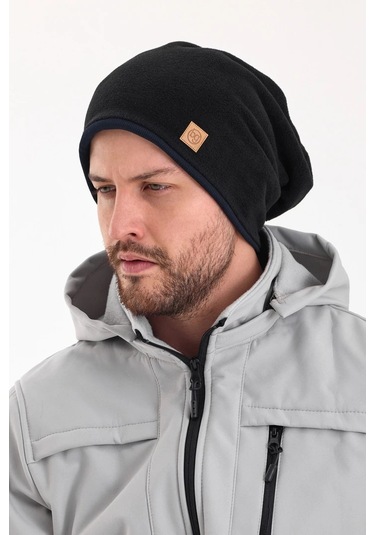 Erkek Siyah Polar Dış, Kahve Pamuklu Iç Kısım, Çift Renk Çift Katmanlı Katlanabilir Yumuşak Bere - Standart / Siyah-lacivert Siyah-lacivert