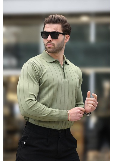 Haki Polo Yaka Fermuarlı Örme Kazak 7242 Haki