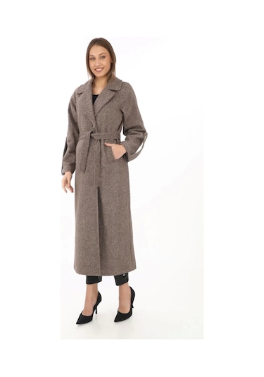 Kadın Kolu Apoletli Astarlı Kaşmir Kaşe Kaban - Vizon Vizon