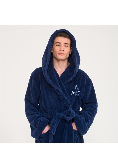 Erkek Uzun Welsoft Kapüşonlu Sabahlık-Lacivert