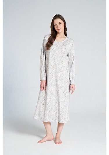 Pijadore 1066 Melisa Kadın Çiçek Desenli Uzun Kol Gecelik Gri