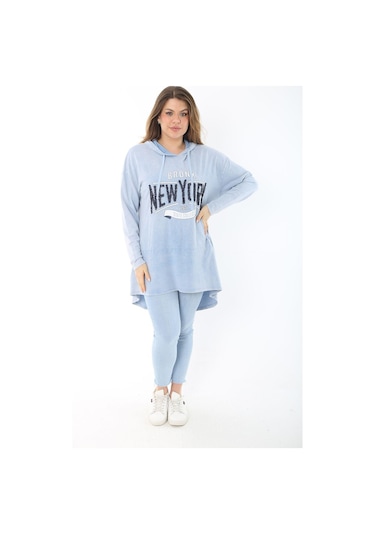 Kadın Büyük Beden Mavi Payet Detaylı Arkası Uzun Kapşonlu Sweatshirt 65n37463 - Mavi