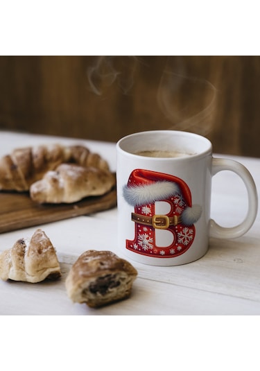 B Harfi Yılbaşı Temalı Bardak 330 Ml Harfli Kişiye Özel Hediye - Yeniyıl / Noel Şapka Tasarım Beyaz