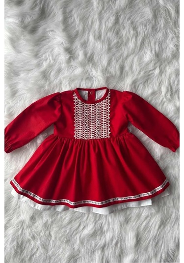 Dantel Ve Kurdele Detaylı Kırmızı Kız Çocuk Bebek Bayram 23 Nisan Elbise 001