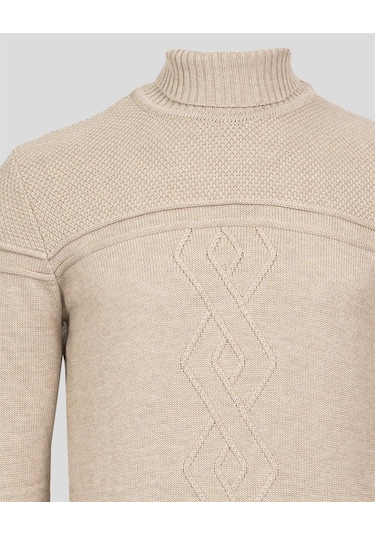 Erkek Tam Boğazlı Örgü Desenli Slim Fit Kazak Ncs Jeans 3659-Bej