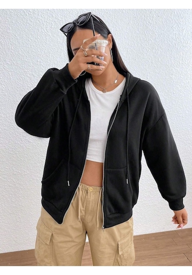 Basic Düz Hırka - Siyah Oversize Kapüşonlu Siyah