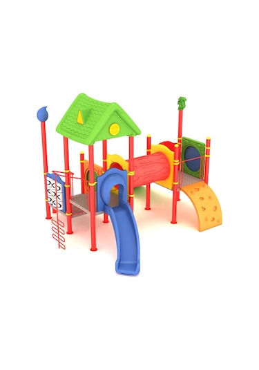 Çocuk Oyun Grubu, 6x5m İki Kaydıraklı Ev Çatılı -70 Çok Renkli