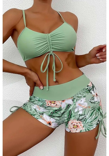 Angelsin Büzgü Ayarlı Baskılı Bikini Takımı Yeşil