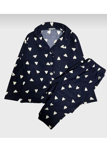 Miosse Kids Kız Çocuk Pamuklu Süet Lacivert Kalp Desenli Gömlek Yaka Boydan Düğmeli Uzun Kollu Pijama Takımı M6590 Lacivert