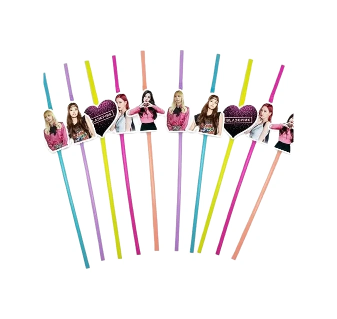 Pipet Black Pink Temalı Artistik Körüklü Pipet 10 Lu Doğum Günü Temalı Pipet +3