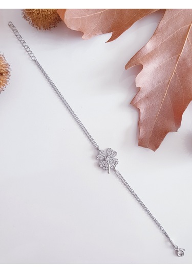 Beyaz Zirkon Taşlı Dört Yapraklı Yonca Gümüş Bileklik Gümüş Renk