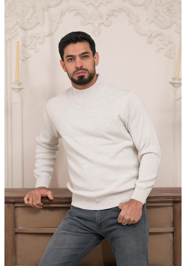 Woolen World Balıkçı Yaka Kalın Yünlü Erkek Triko Kazak Krem