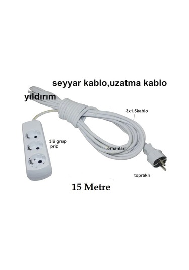 Seyyar Kablo Uzatma Kablo Ara Kablo 15 Metre 3 Lü Grup Priz