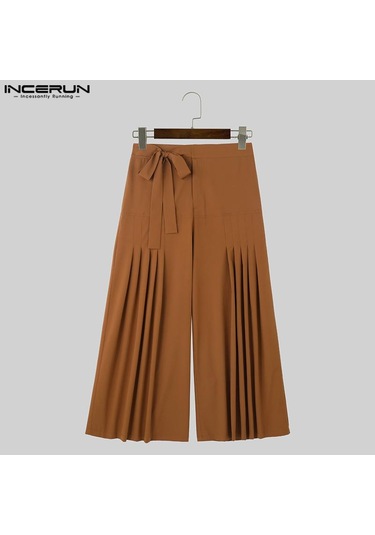 Incerun Erkek Yüksek Bel Bağcıklı Geniş Paça Pantolon Rahat Pileli Resmi Pantolon Gri