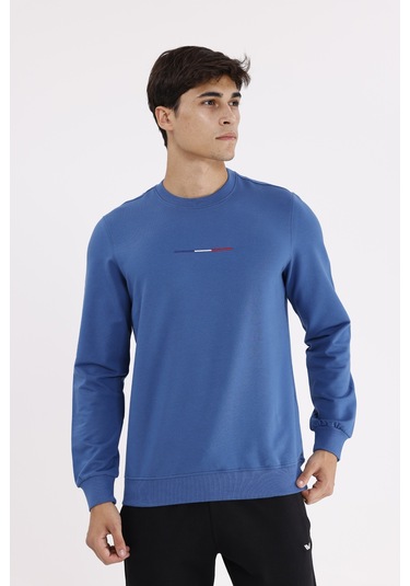 Rowinger Minimal Göğüs İşlemeli Rahat Kalıp Esnek Manşetli Mevsimlik Bisiklet Yaka Sweatshirt İndigo
