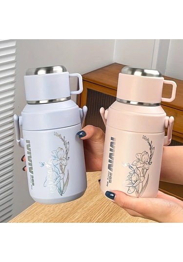 Maxaccess Mavi Çiçek Desenli 27.05 Oz Paslanmaz Çelik Seyahat Termosu Kapaklı Kulplu