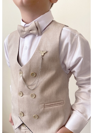 Erkek Çocuk Takım Elbise Papyonlu Yelekli Takım Elbise Bej