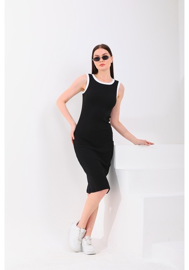 Beyaz Biyeli Kolsuz Diz Altı Fitilli Esnek Siyah Kalem Elbise Beyaz - Siyah