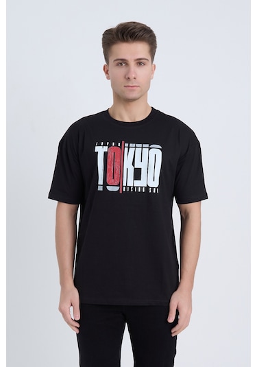 Velvoria Unisex Oversize Siyah Desenli Tokyo T-shırt