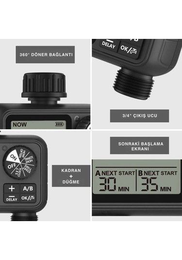 Shopytech Çift Çıkışlı Dijital Sulama Zamanlayıcı Ipx5, Lcd Ekranlı Yağmur Erteleme A/b Bağımsız Pro