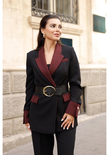 Gold Kemerli Garnili Kruvaze Takım Siyah Siyah