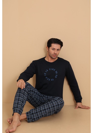Falkom 7003 İnterlok Kışlık Ekose Pijamalı Erkek Pijama Takımı Lacivert