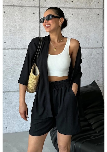 Kadın Siyah Kimono Gömlek Şort Alt Üst Takım