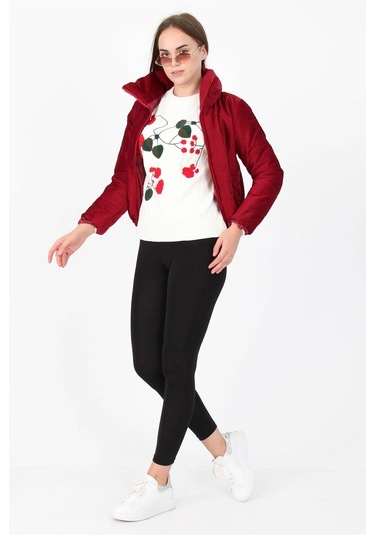 Kadın Yüksek Yaka Cepli Kışlık Kadife Mont Dpnb7154 Bordo