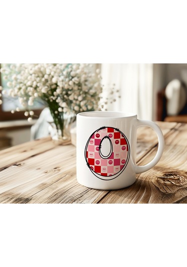 O Harfi Pembe Kareli Kalpli Göz Emojili Kupa Bardak Eğlenceli Kareli Tasarım Kahve Çay Kupası 07 Beyaz