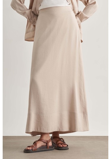 Mizalle Modal Karışımlı Taş Rengi Maksi Evaze Etek Taş