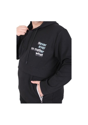 Starbattal Büyük Beden Kapüşonlu Sweat Double Face Never 25706 Sıyah Siyah