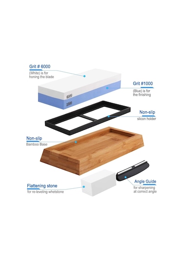 Valkyrie 4 Parça 1. Kalite Bıçak Biley Seti 1000 6000 Bileme Taşı Bambu Tabanlı Profesyonel Set Sulu Biley