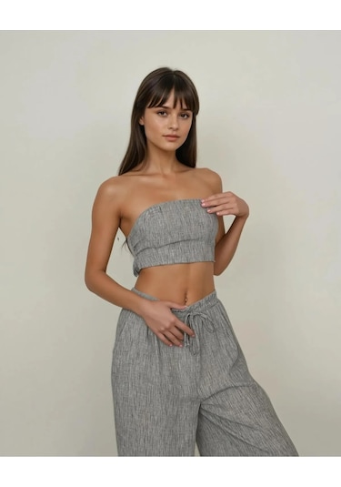 Sırt Lastikli Spor Straplez Askısız Sırt Bağlamalı Crop Cepli Beli Esnek Pantolon Günlük Keten Takım Gri Sırt Lastikli Spor Straplez Askısız Sırt Bağlamalı Crop Cepli Beli Esnek Pantolon Günlük Keten Takım Gri