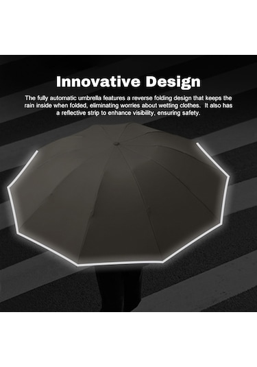 Padalink Siyah Otomatik Çift Kullanimli 10 Kasnakli Rüzgar Dayanikli Katlanabilir Şemsiye - Ters Katlama, Işik Reflektörlü, 280t Dokuma, Kauçuk Sap