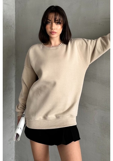 Kadın Bej Bisiklet Yaka Oversize Sweatshirt Bej