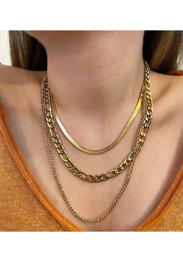 Kadın Üçlü Model Gold Renk Çelik Kolye Gold