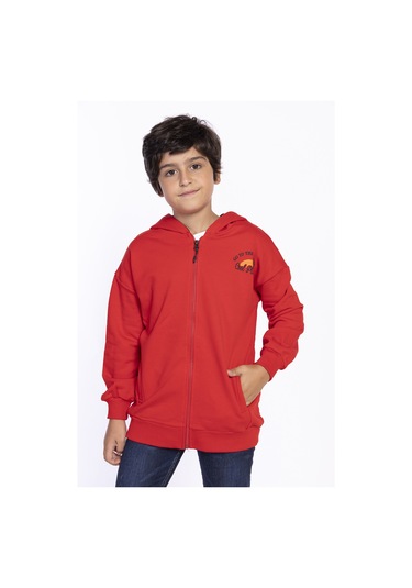 Toontoy Erkek Çocuk Baskılı Kapşonlu Hırka Kırmızı