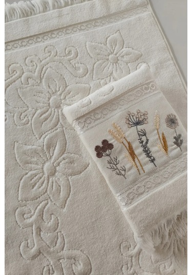 2'li Nakışlı Jakarlı Kadife El Yüz Havlusu Çiçek İşlemeli- %100 Pamuk - Krem Krem Krem