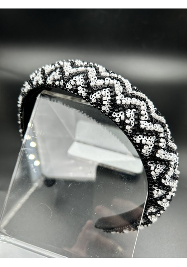 Bymerve El İşlemeli Siyah Beya Renk Boncuk Parlak İşleme Abiye Nişan Davet Kadın Saç Tacı Siyah - Beyaz