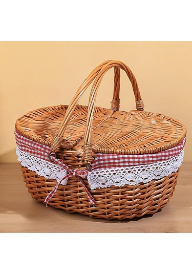 Homyl Piknik Sepeti Kırsal Pratik Hasır Depolama Park Açık Kırmızı Kareli