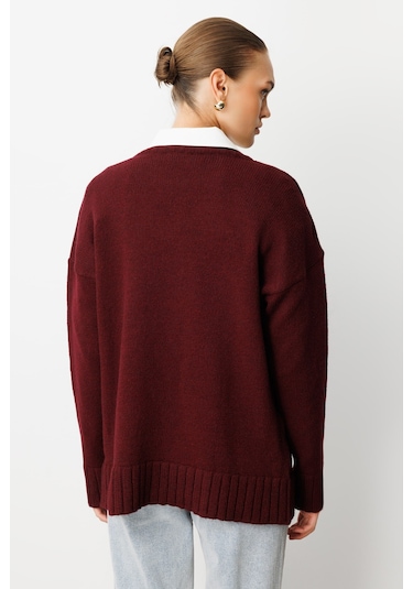 Mizalle Yuvarlak Yaka Oversize Bordo Triko Kazak Bordo
